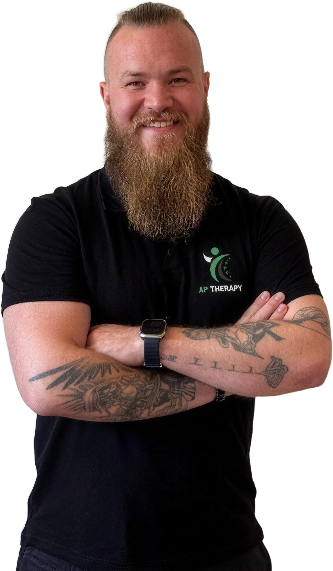 Adrian Prietz - fizjoterapeuta AP Therapy Tychy, w koszulce gabinetu