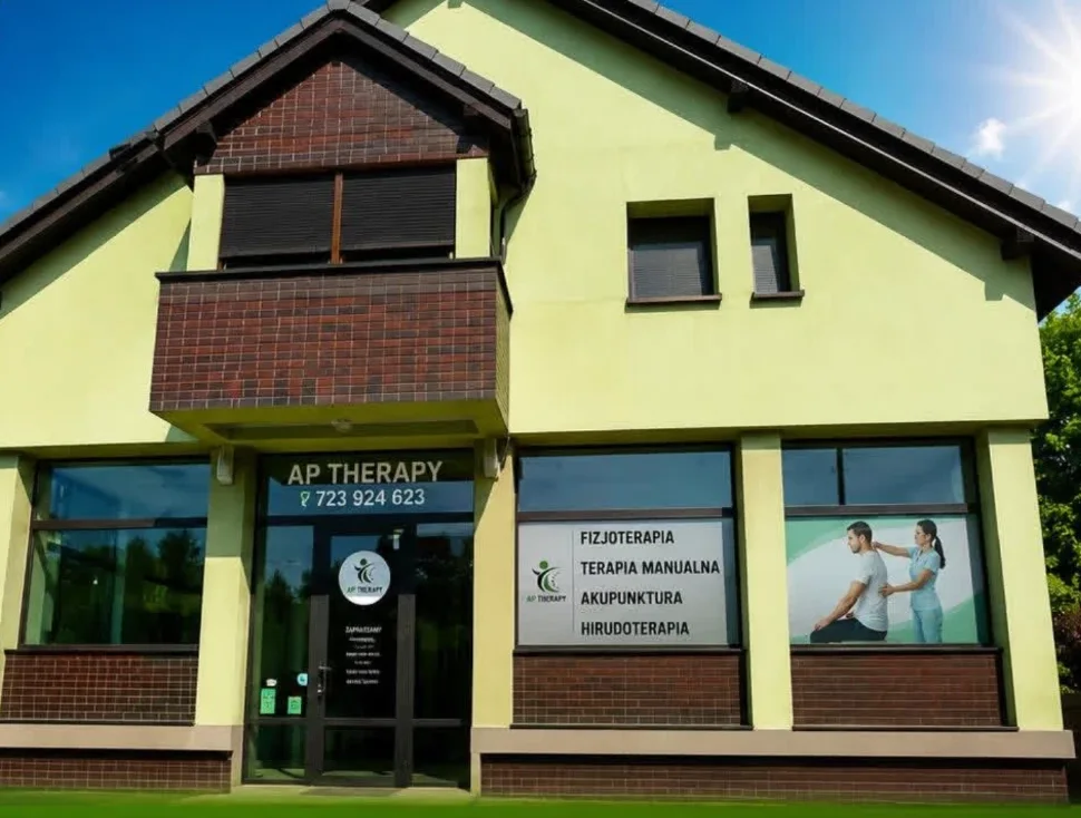 Budynek gabinetu AP Therapy przy ul. Stoczniowców w Tychach - witryny z napisami Fizjoterapia, Terapia manualna, Akupunktura